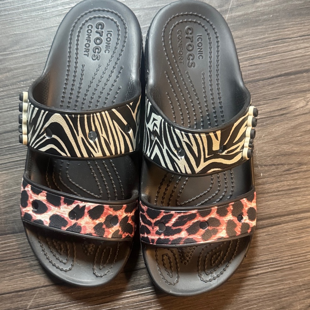 CROCS Kids Black and Pink Animal Print Sandals